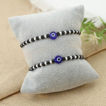 Silver Moti Blue Evil Eye Charm Bracelet