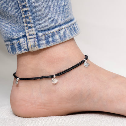 Elegant Silver Charm Thread Anklet with Black Dori & Cute Bird Drop