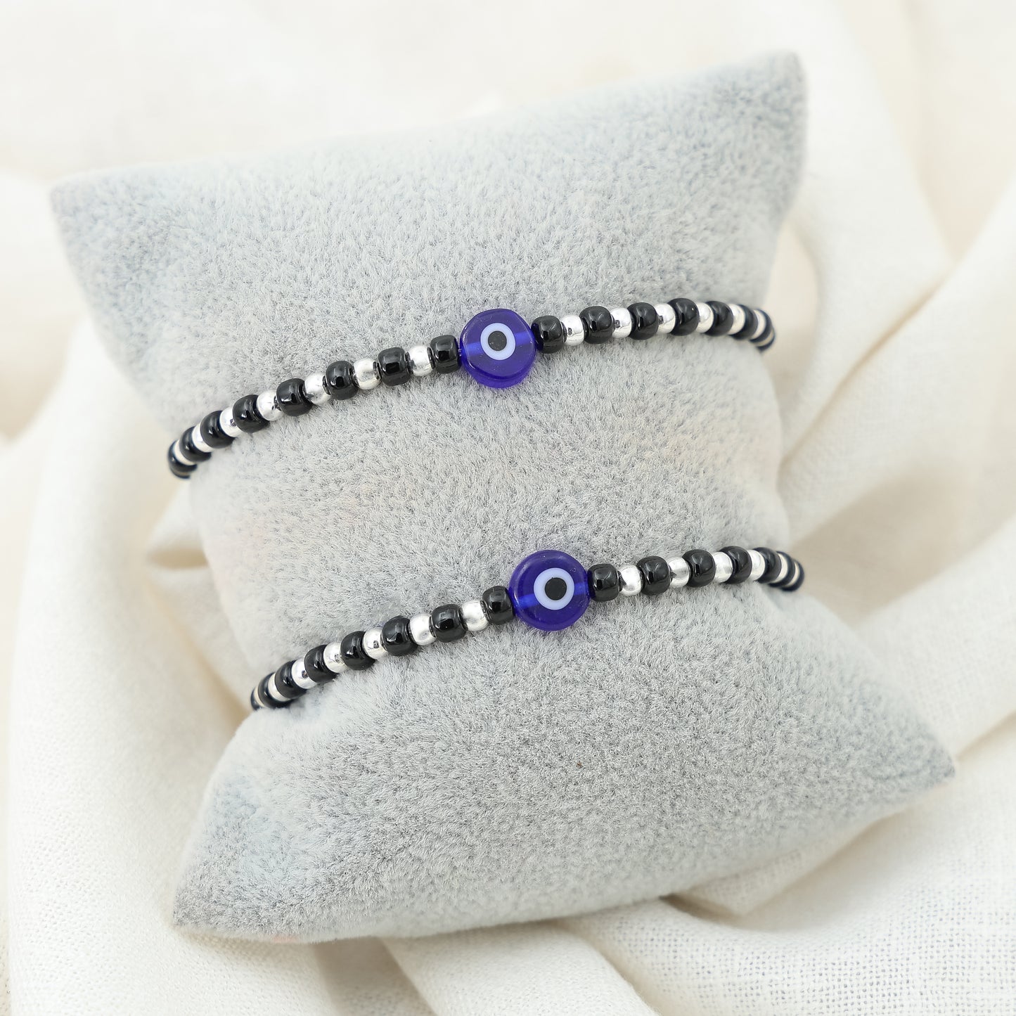 Silver Moti Blue Evil Eye Charm Bracelet