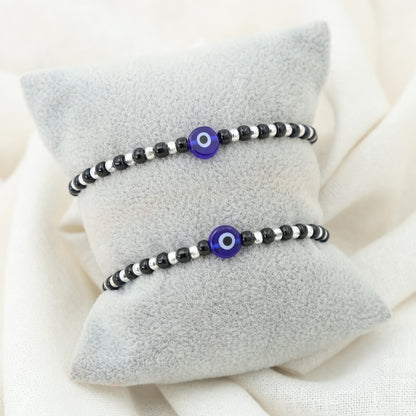 Silver Moti Blue Evil Eye Charm Bracelet
