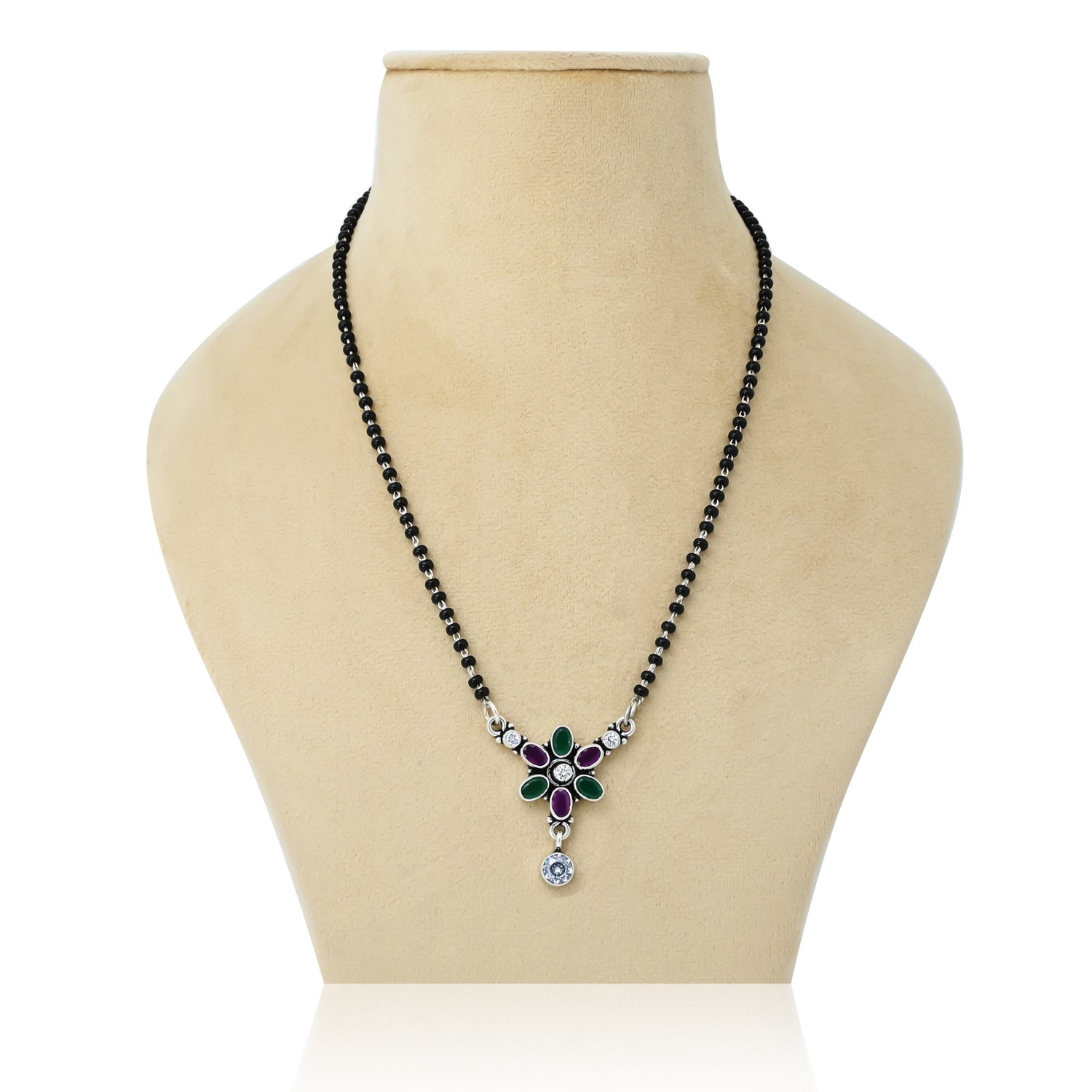 Sterling silver mangalsutra featuring round purple and green gemstones for a colorful look