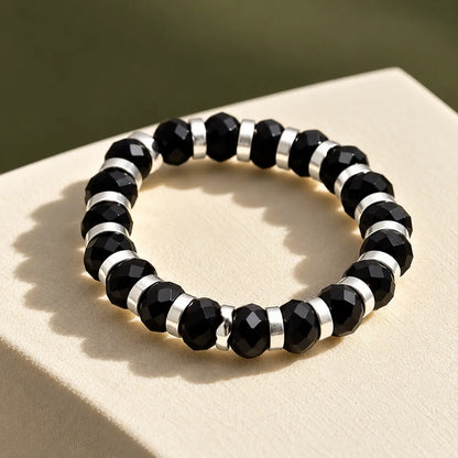 Silver Black Beads Chain Ring