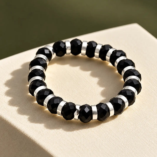 Silver Black Beads Chain Ring