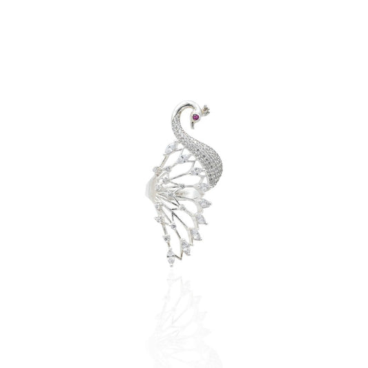 Silver ring featuring an intricate white peacock design, offering an elegant and unique accessory for girls