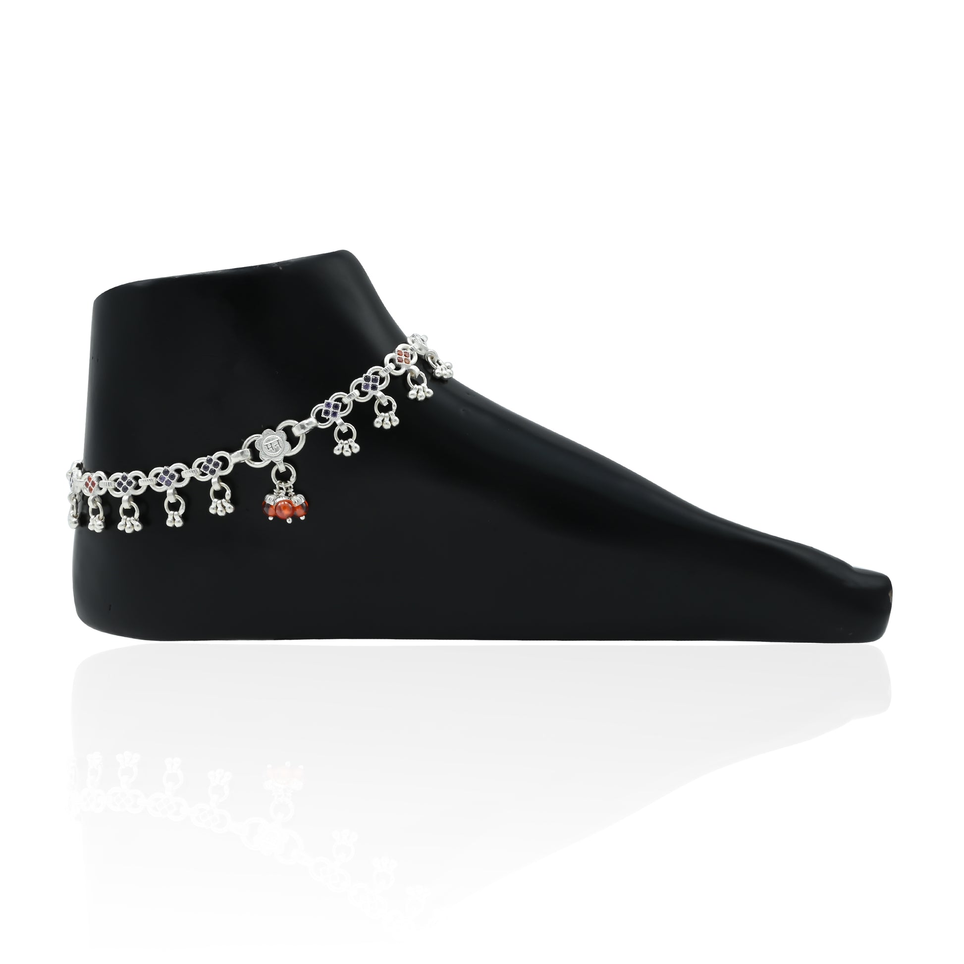 Women's silver anklet with colorful flower bead accents