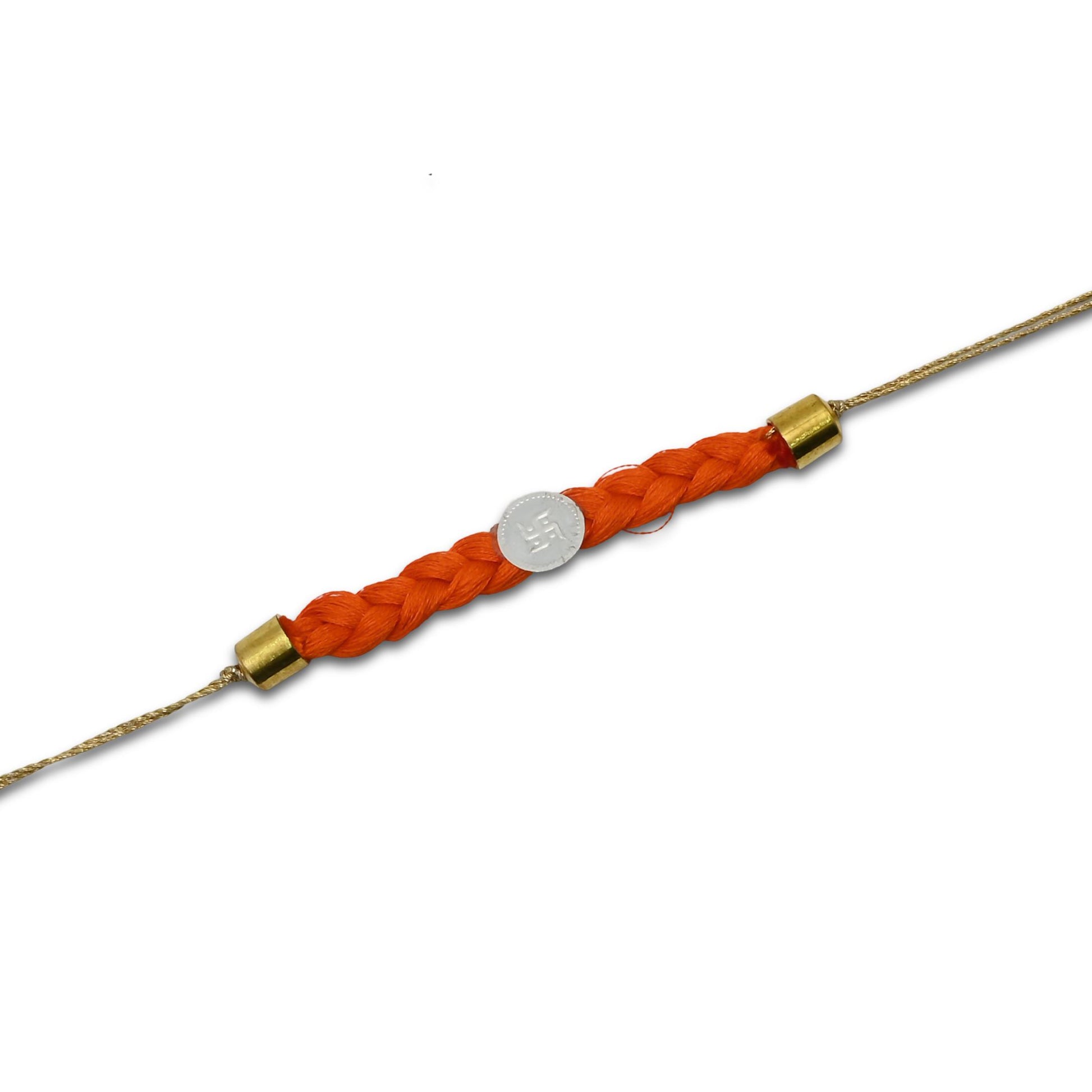 Boys' Rakhi featuring a silver Swastika centerpiece with vibrant orange tangle Moli.