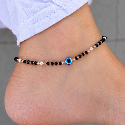 Silver Black Evil Eye with Black and Silver Beads Payal
