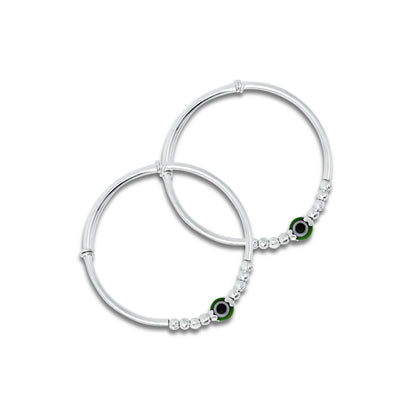 Silver baby kada featuring a delicate green pearl design