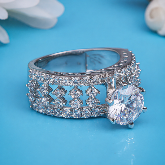 Silver Ring Featuring Unique Design and Huge White Center Stone for Girls.