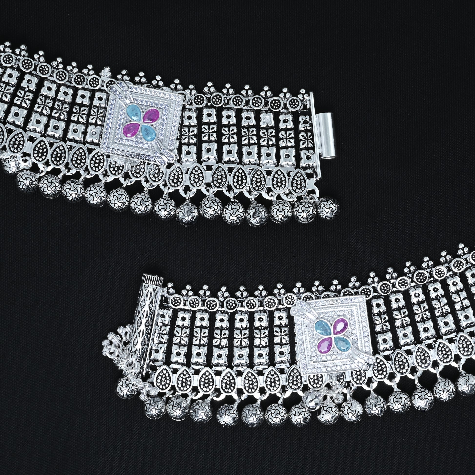 Beautiful Silver Payal with Purple and Blue Stones in a Square Pattern