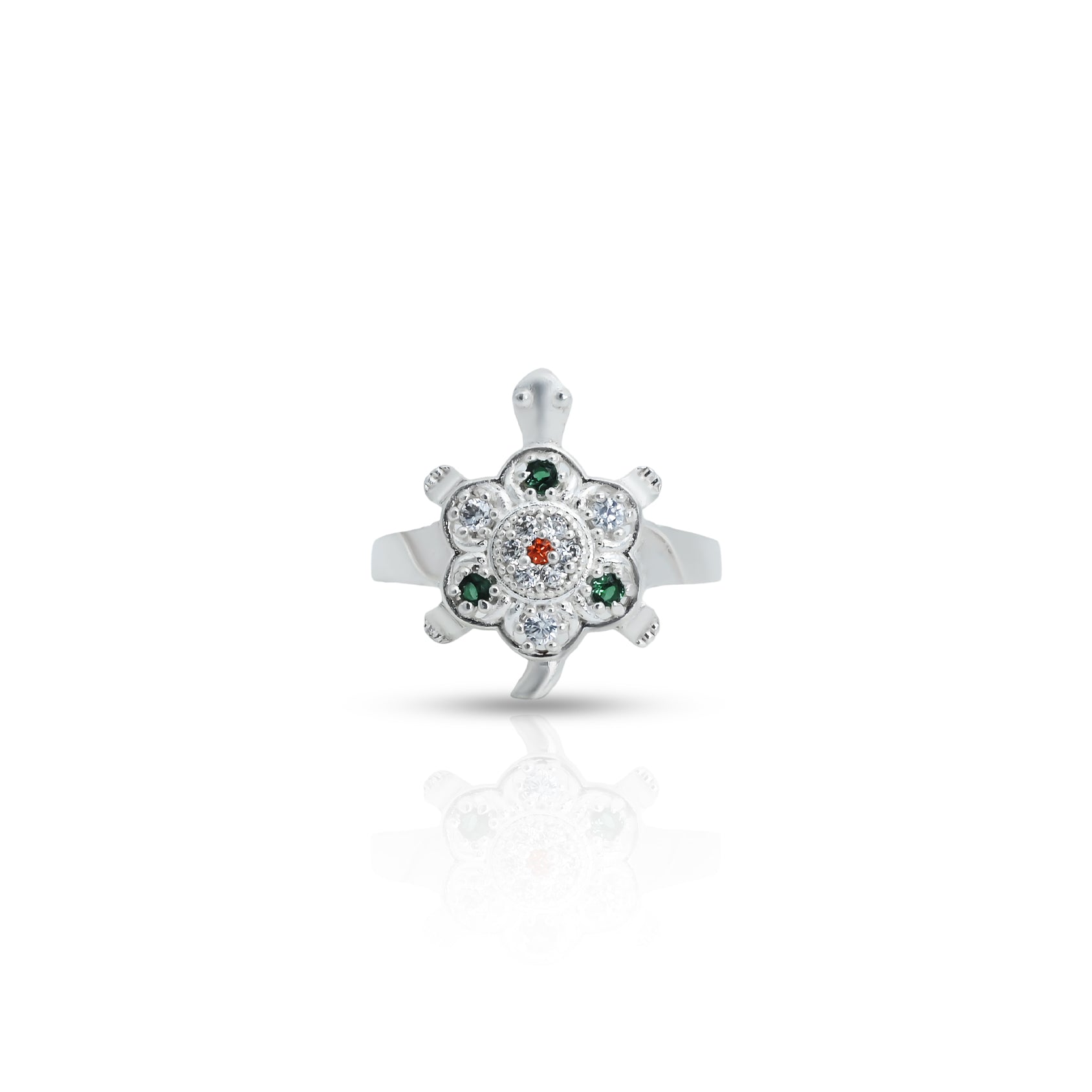 Unique silver ring with gemstone, flower, and tortoise.