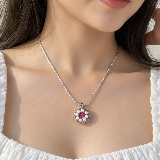 Double Chain Ruby–Pearl Flower Pendant