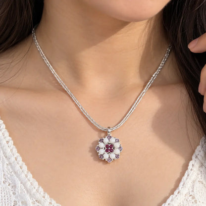 Minimal Silver Floral Pendant with Ruby Touch