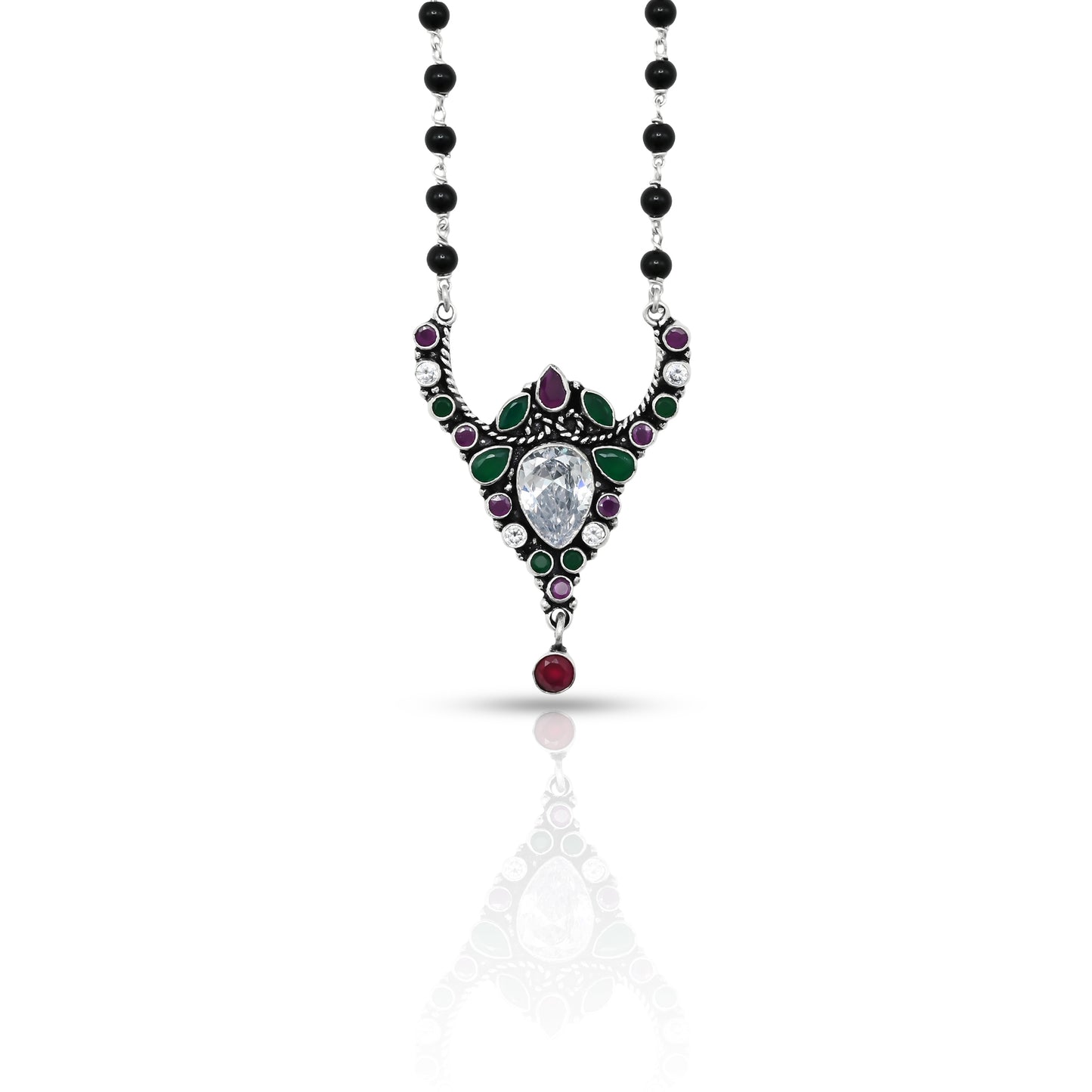 Chic silver mangalsutra adorned with green and purple gemstones in a stylish drop design