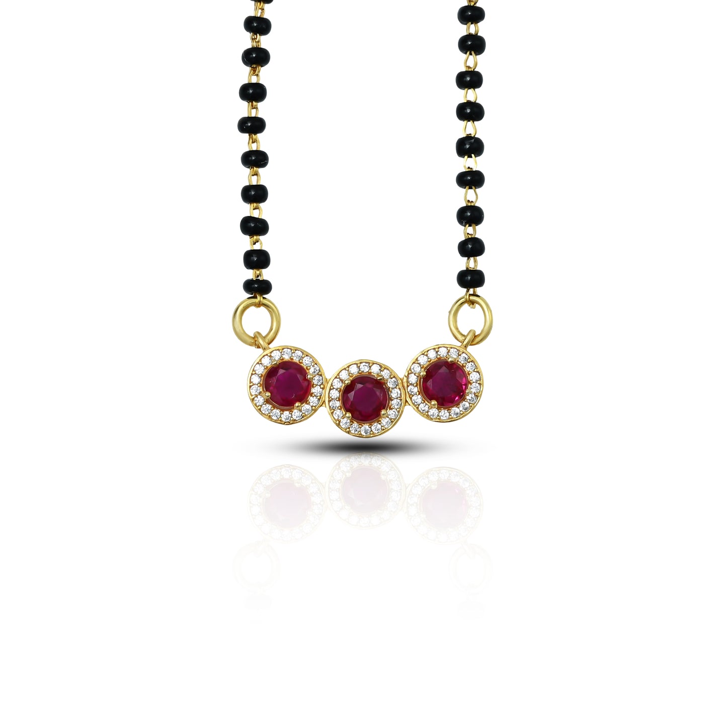 Stylish Mangalsutra with Three Ruby Gemstones and Black Beads