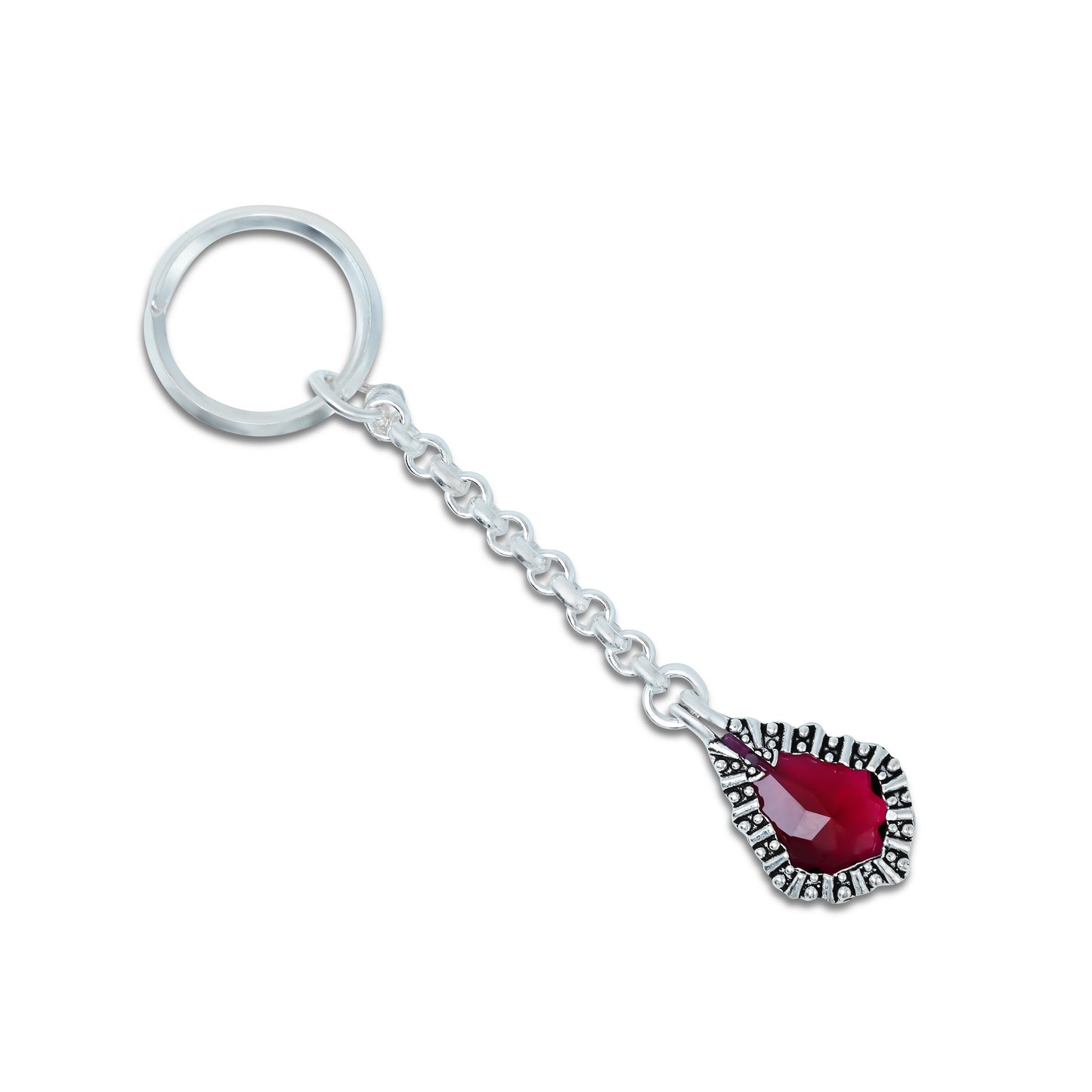 Elegant designer silver keychain featuring a vibrant red gemstone for a chic look