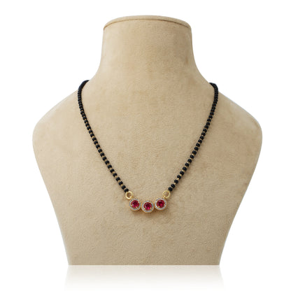 Stylish Mangalsutra with Three Ruby Gemstones and Black Beads