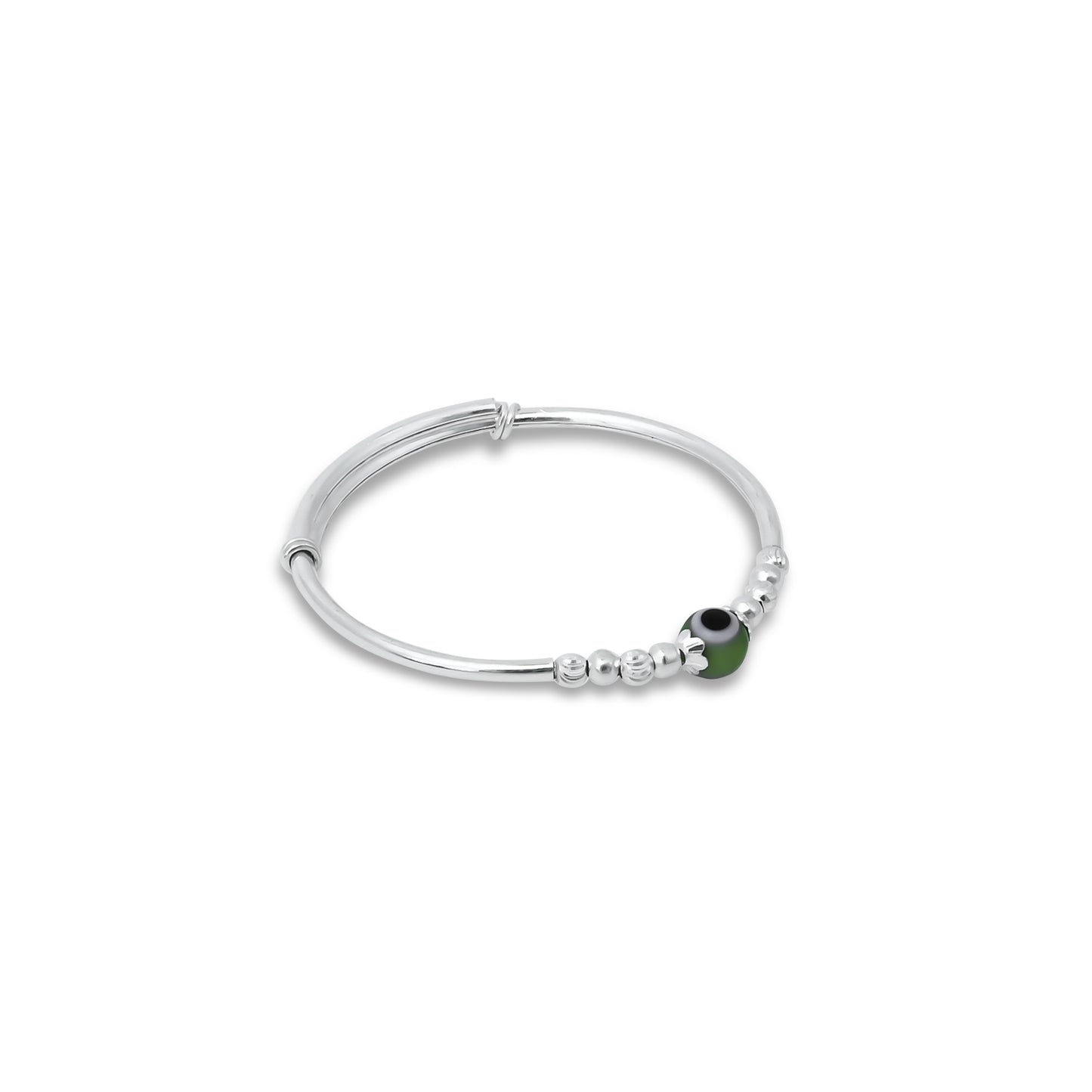 Elegant silver baby kada adorned with a soft green pearl accent