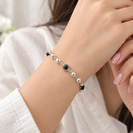 Black Evil Eye Bracelet With Black and Silver Beads For Girls