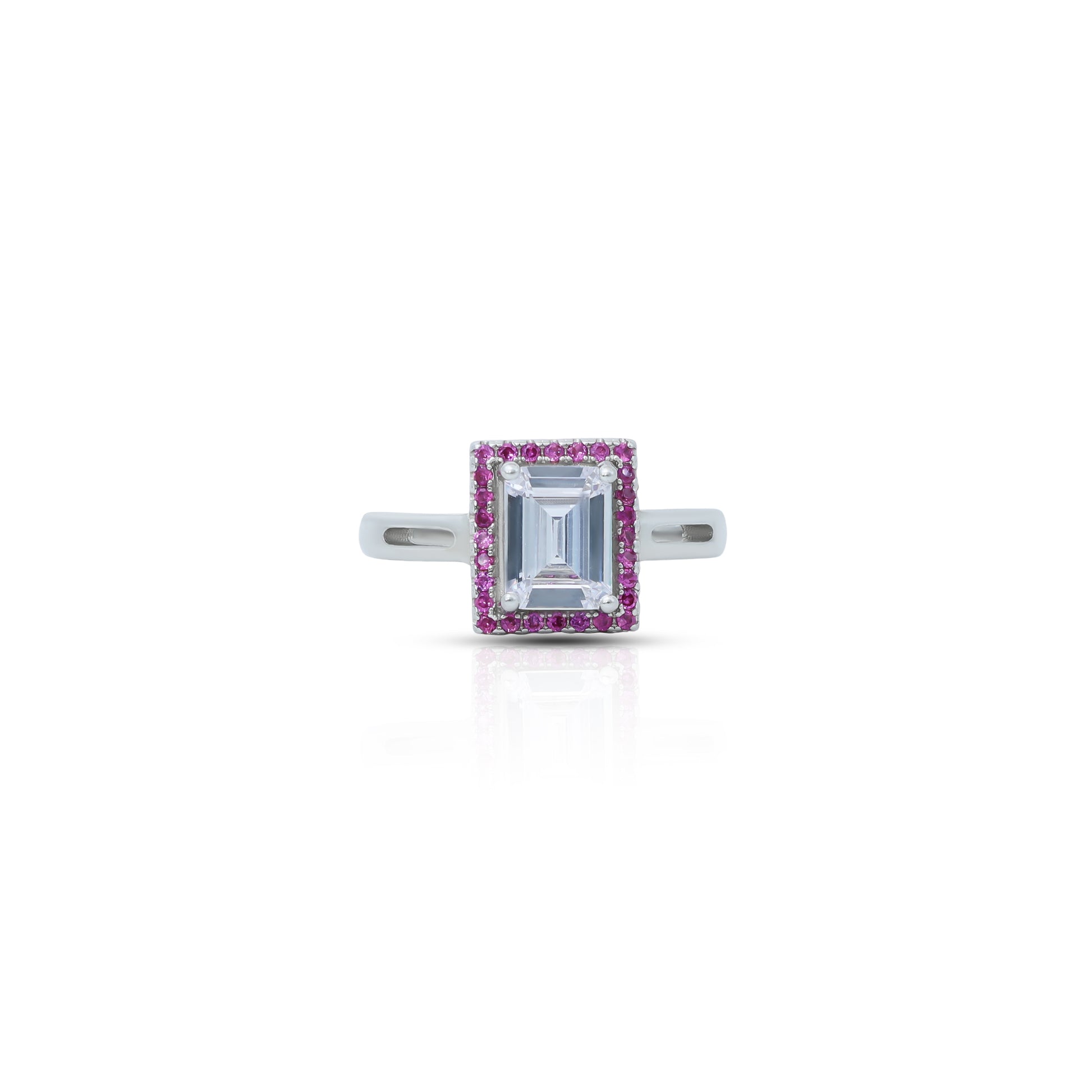 Sterling silver ring with emerald cut American diamond.