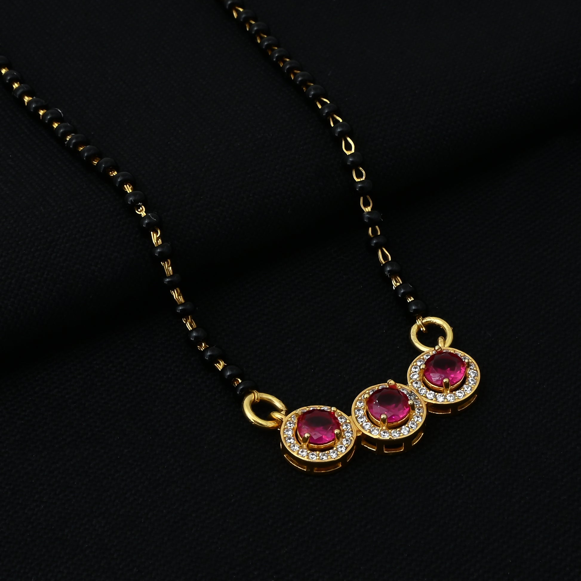 Stylish Mangalsutra with Three Ruby Gemstones and Black Beads