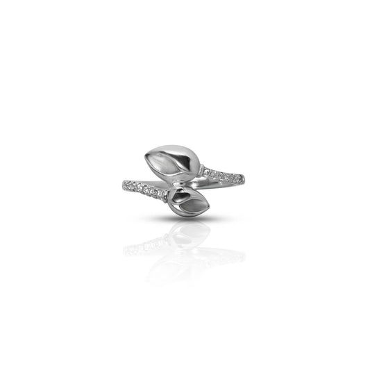 Elegant sterling silver ring with a twisted band design and rose petal accents, perfect for women