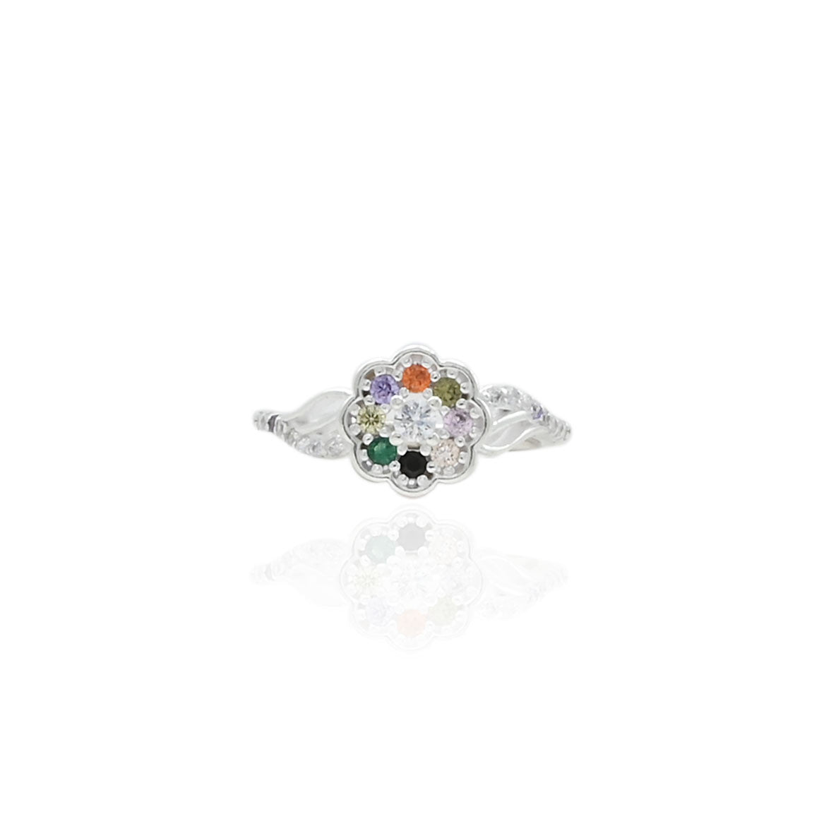 Silver ring featuring a sparkling flower design with colorful gemstones for a vibrant look