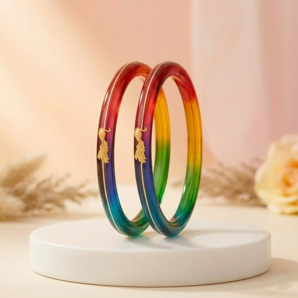 Rainbow Gradient Resin Bangles with Gold Peacock
