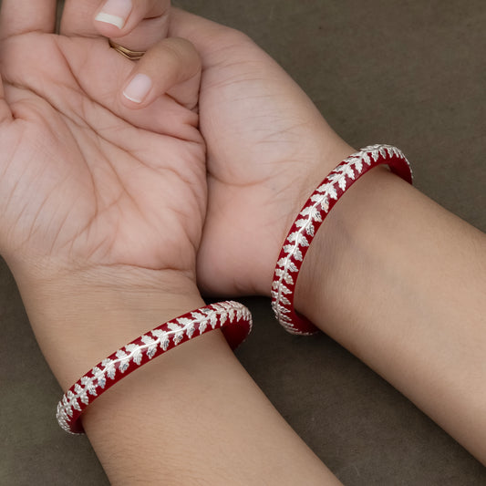 Red Glass Bangles with Pure Silver Leaf Design