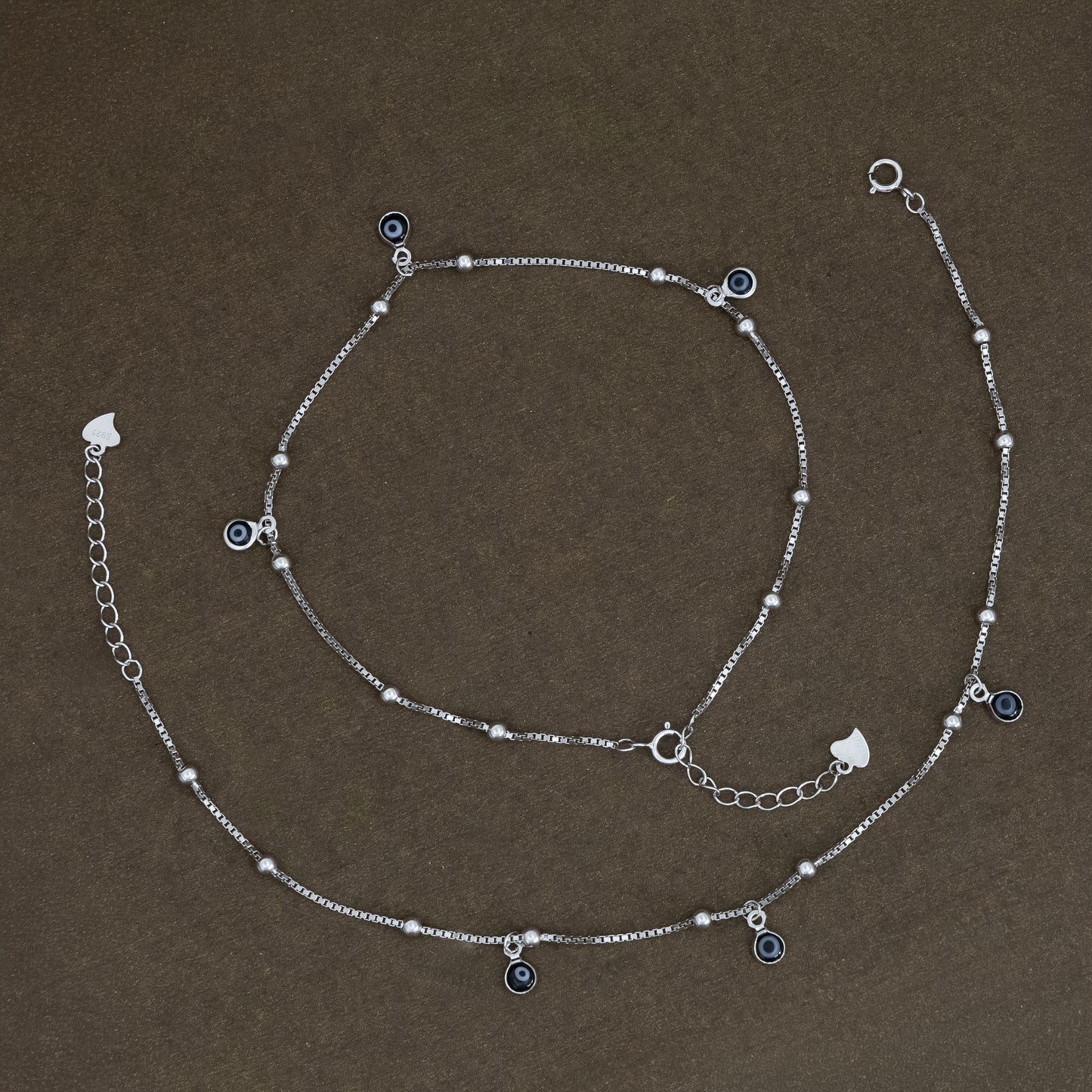 Silver Evil Eye Anklet with Hanging Charms