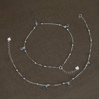 Silver Evil Eye Anklet with Hanging Charms
