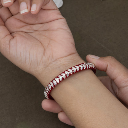 Red Glass Bangles with Pure Silver Leaf Design