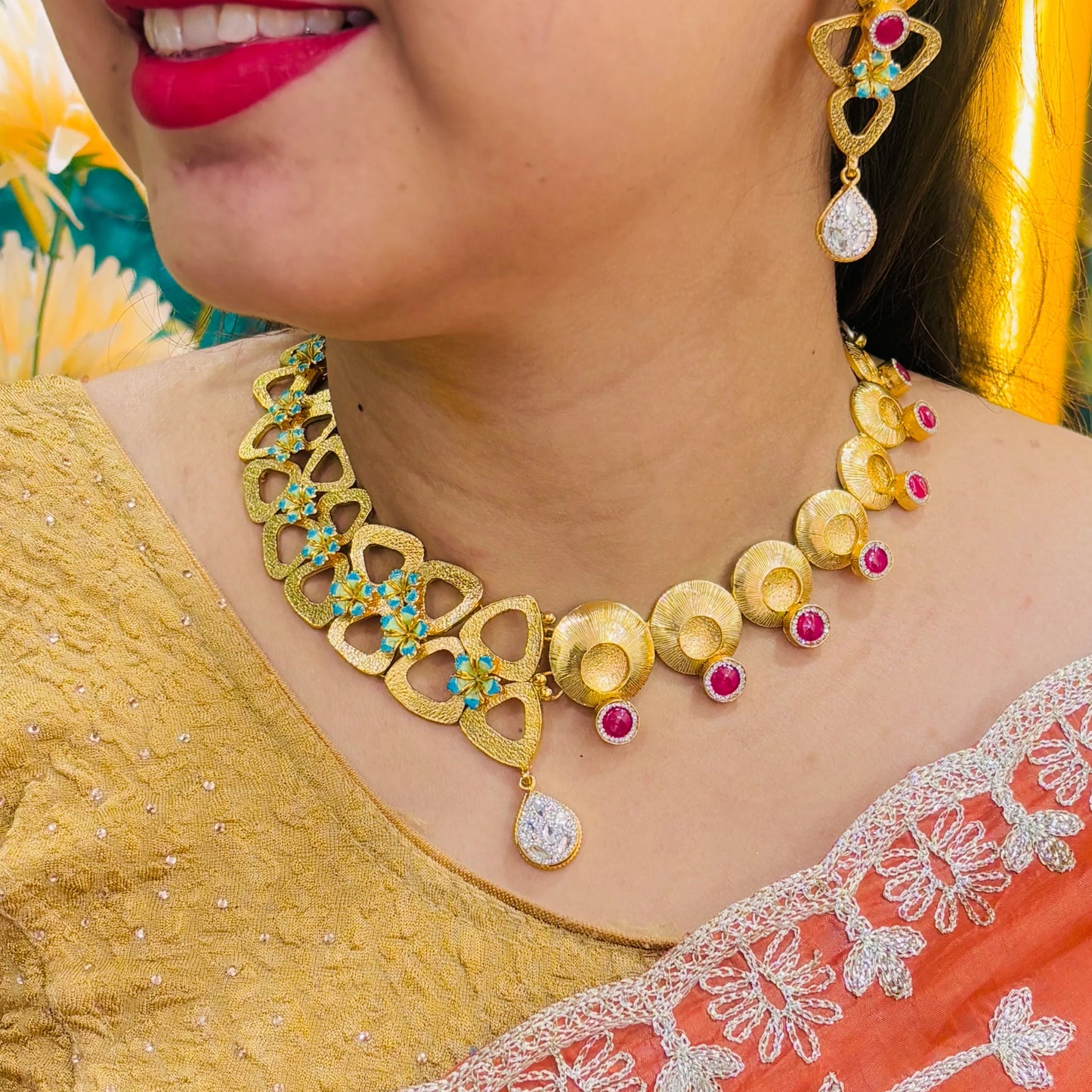 Radiant Gold Polish Silver Necklace with Delicate Small Flowers and a White Crystal Center.