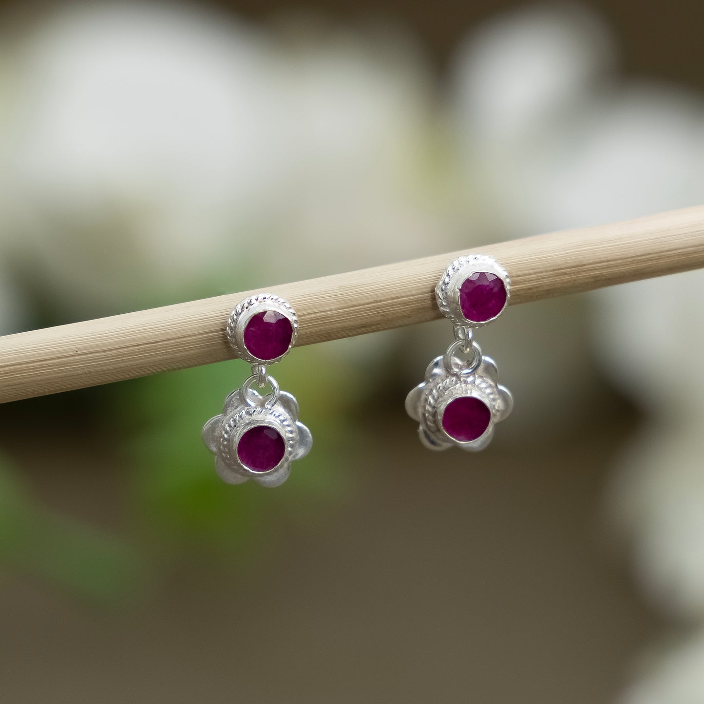Silver Bloom Ruby Earrings