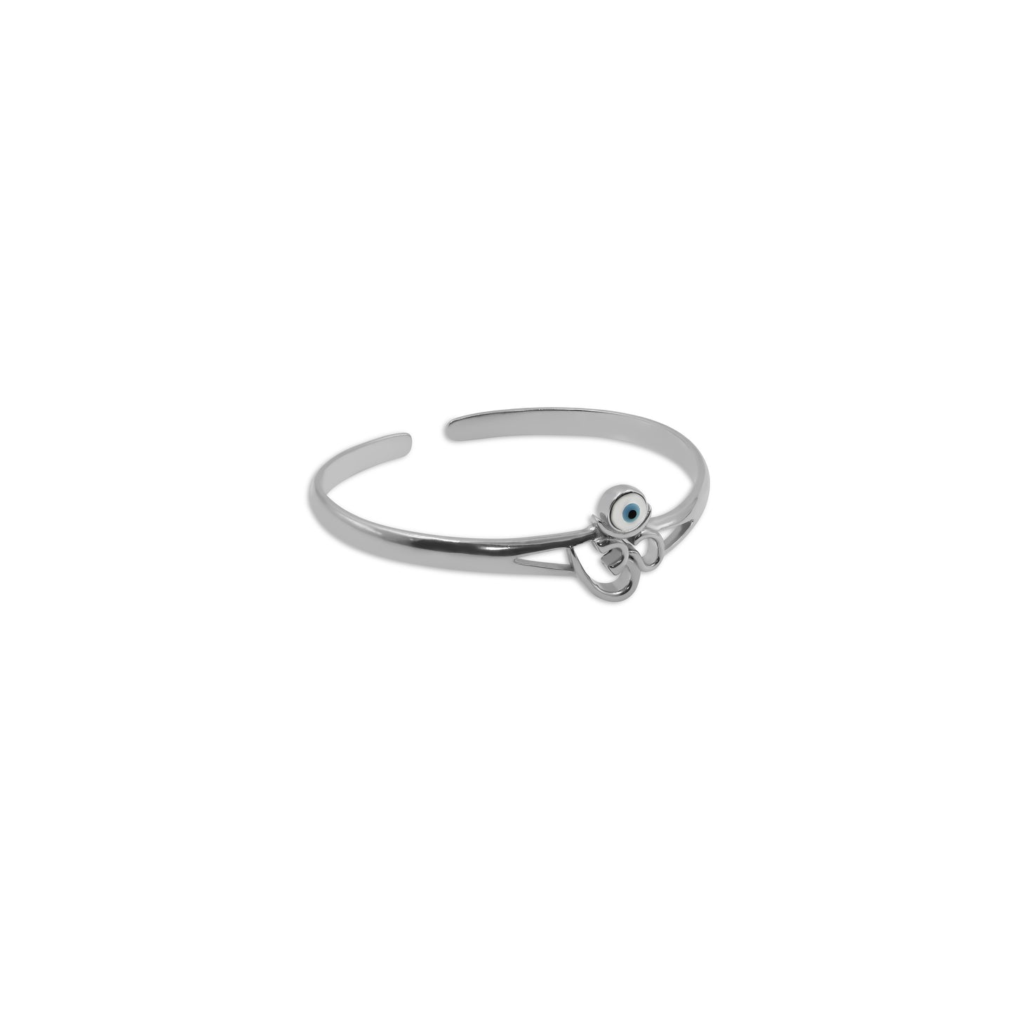 Sterling silver kada featuring an 'Om' symbol and evil eye design