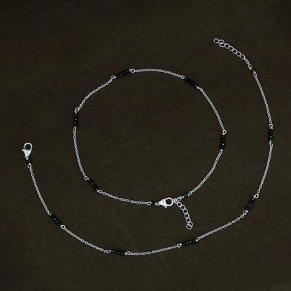 Delicate Silver Anklet with Black Beads Burst