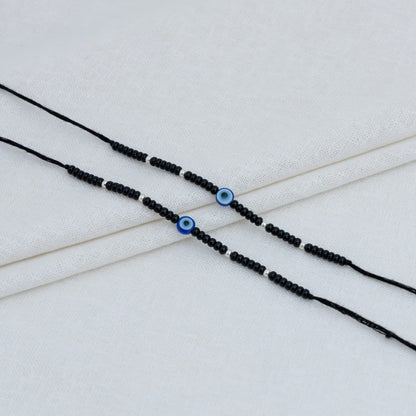 Black Beads Evil Eye Bracelet with Silver Accents
