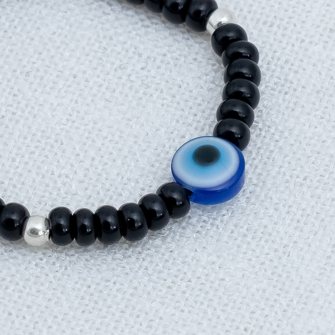 Black Beads Evil Eye Bracelet with Silver Accents