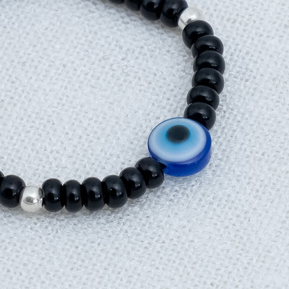 Black Beads Evil Eye Bracelet with Silver Accents