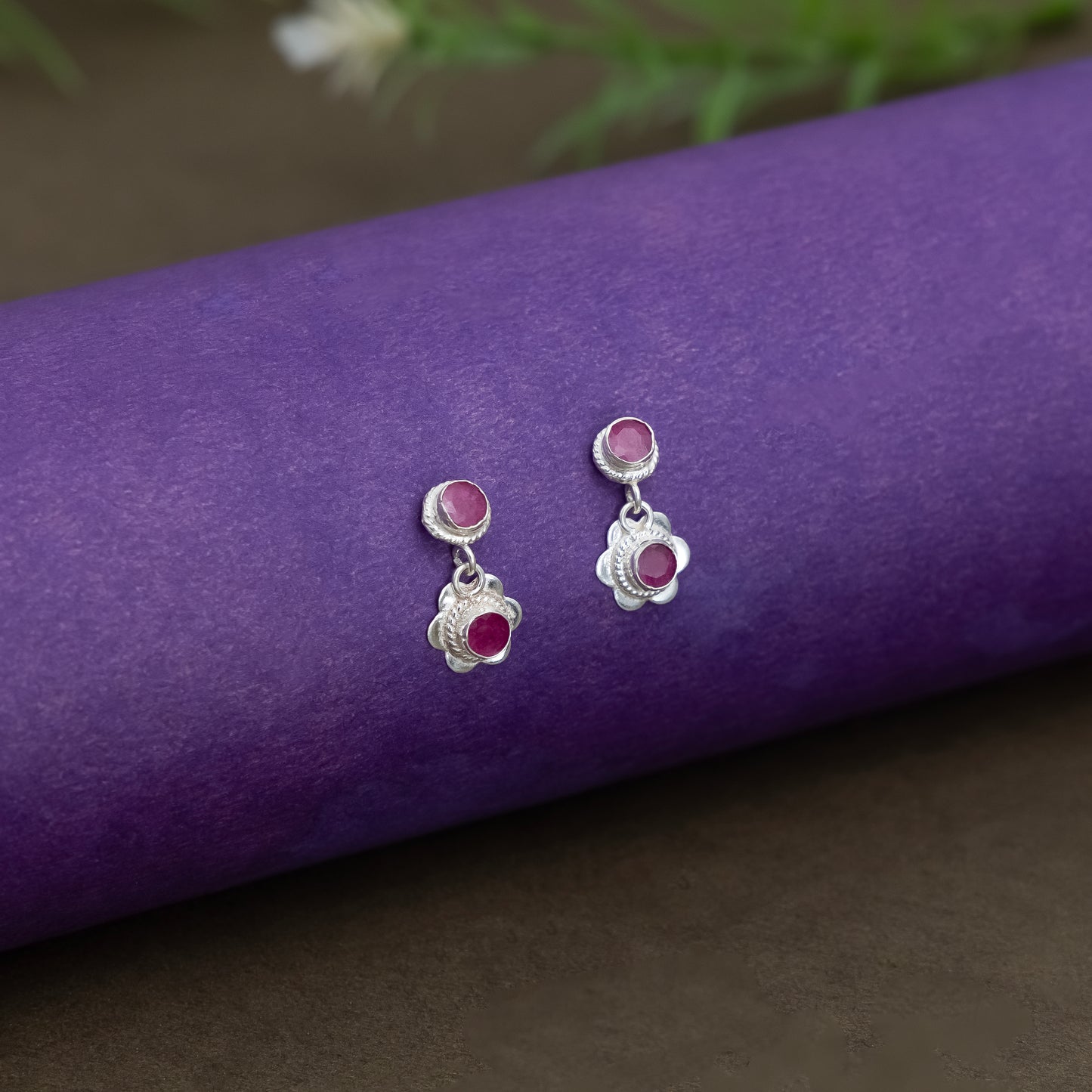 Silver Bloom Ruby Earrings
