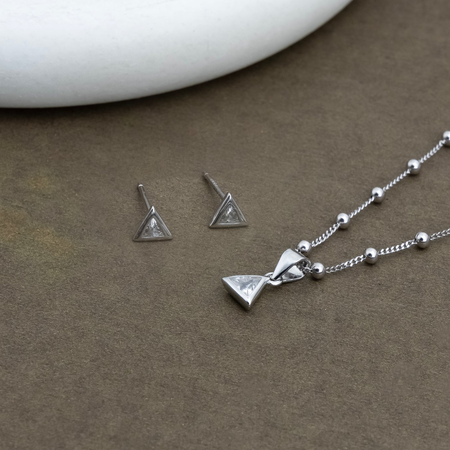 Silver Triangle Pendant & Earrings Set