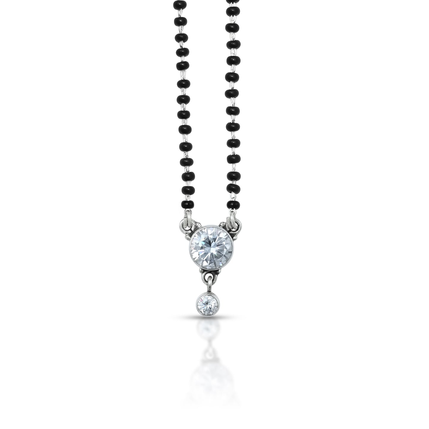 Chic silver mangalsutra with a sparkling round American diamond centerpiece