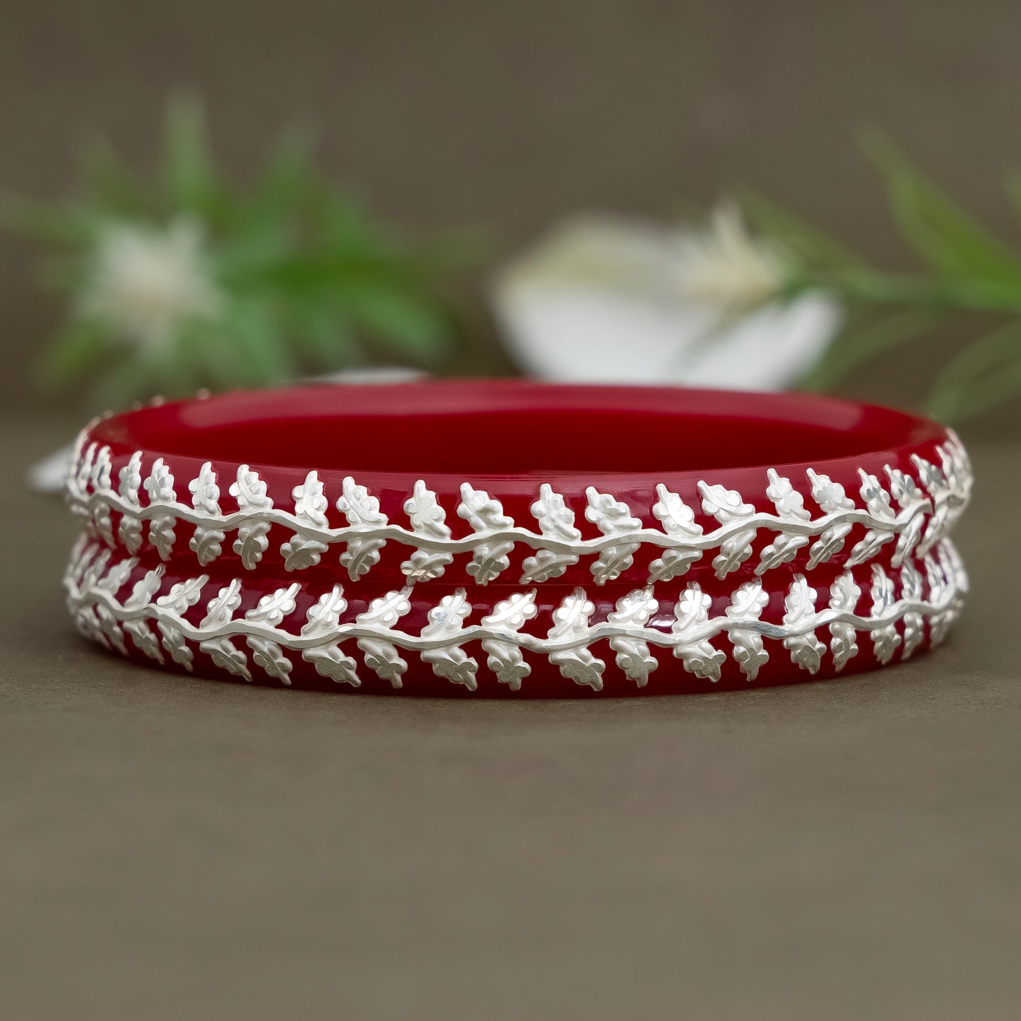Red Glass Bangles with Pure Silver Leaf Design