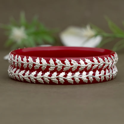 Red Glass Bangles with Pure Silver Leaf Design