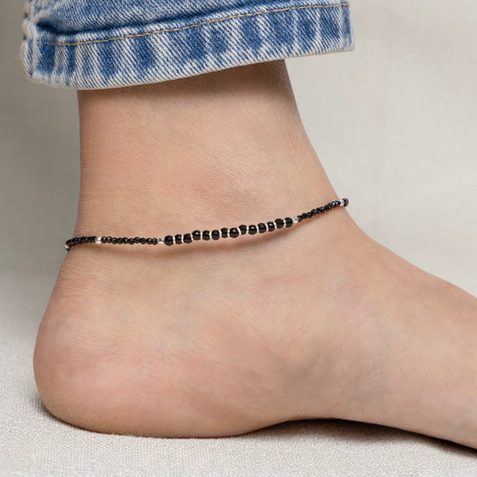 Traditional Silver Black Beads Anklet for Women & Girls