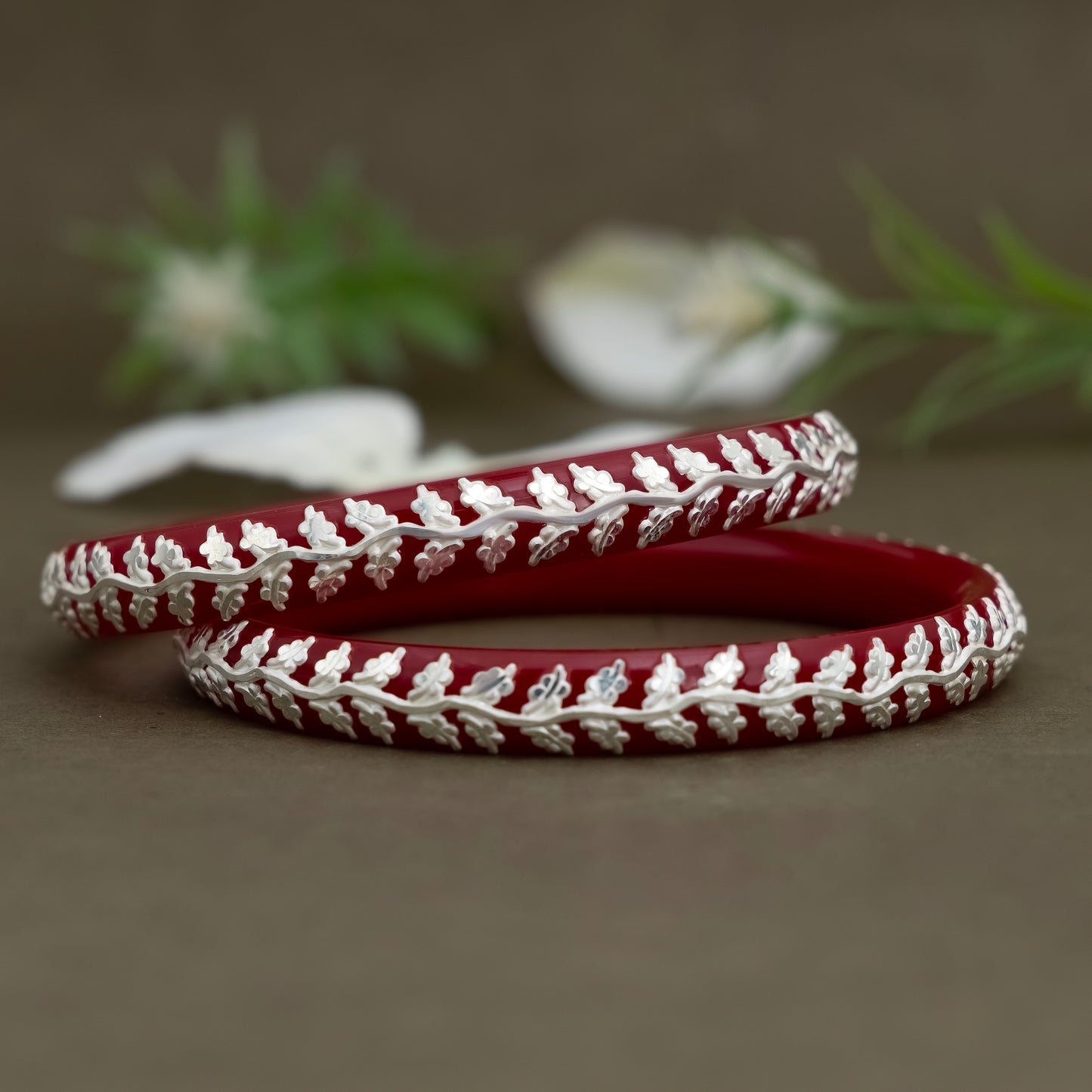 Red Glass Bangles with Pure Silver Leaf Design