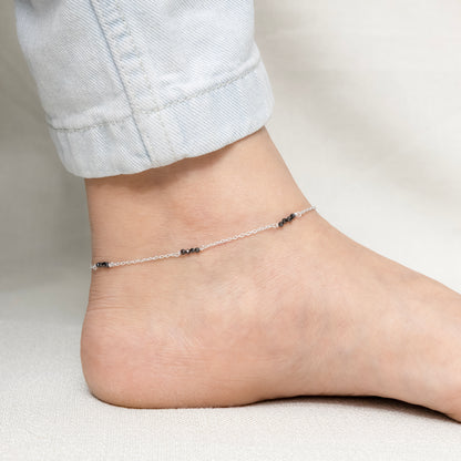 Delicate Silver Anklet with Black Beads Burst