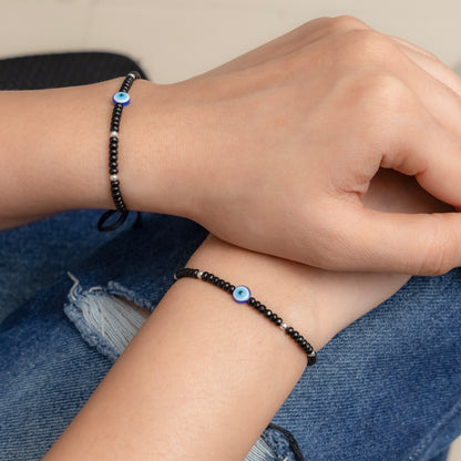 Black Beads Evil Eye Bracelet with Silver Accents
