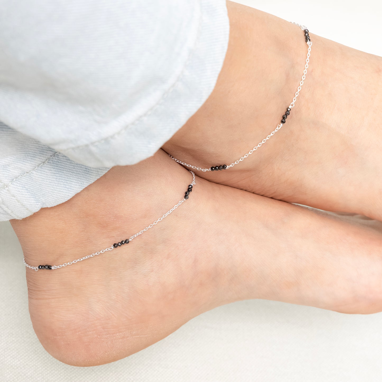 Delicate Silver Anklet with Black Beads Burst