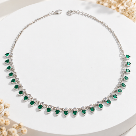 Green Heart Stone Silver Necklace for Girls & Women
